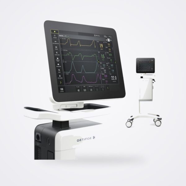 Getinge Servo-u ventilator patient unit with 15-inch touchscreen, the full system on its mobile cart behind