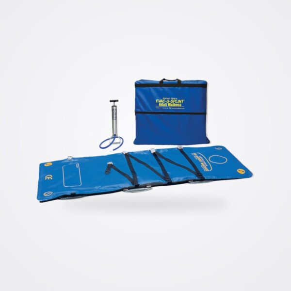 Blue EVAC-U-SPLINT adult vacuum mattress with straps, aluminium hand pump and blue carry case