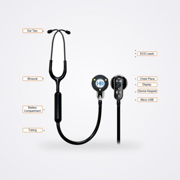 HD Steth stethoscope with labelled ear tips, battery compartment, ECG electrodes, display and keypad