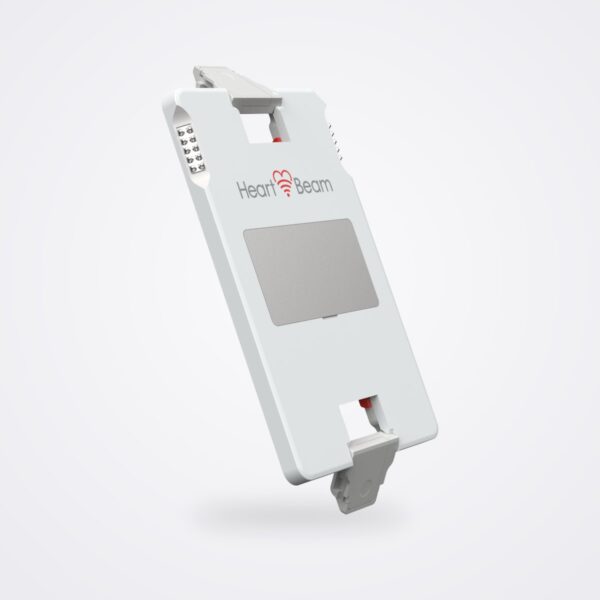 HeartBeam credit card sized ECG recorder with electrode wings open, angled view on white