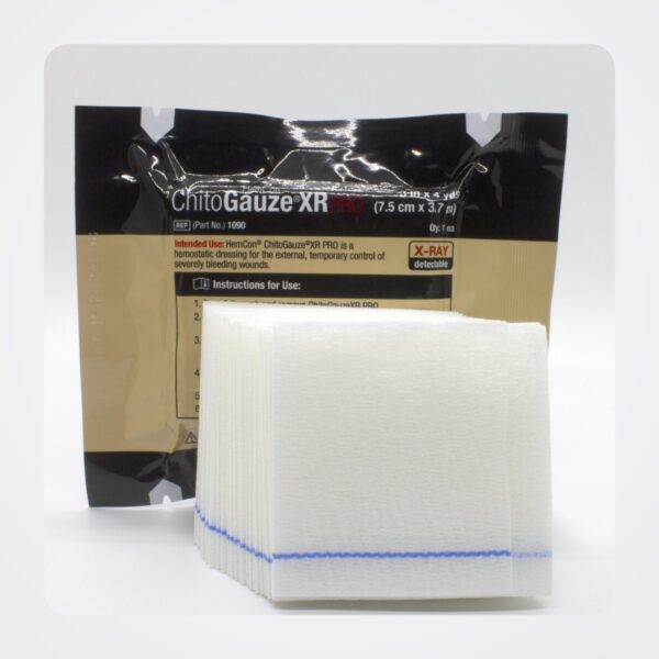 HemCon ChitoGauze XR PRO pouch, part 1090, with Z-folded gauze showing the blue X-ray thread