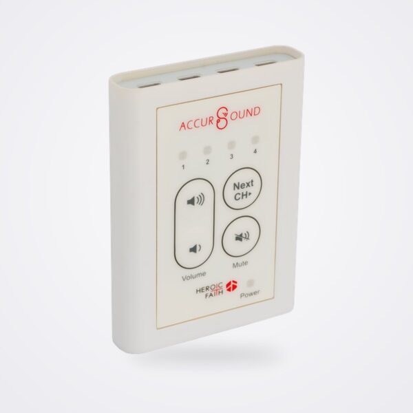 AccurSound AS 101 control hub with four channel ports, channel LEDs, volume, next channel and mute buttons