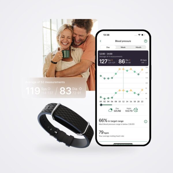 Hilo App blood pressure trend screen beside the band and a smiling couple