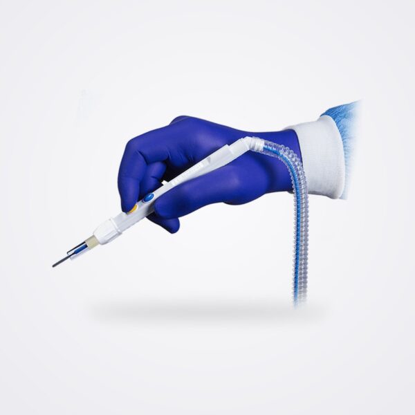 Gloved hand holding a PenEvac1 smoke evacuation pencil with its integrated corrugated smoke tubing