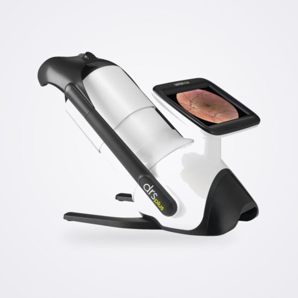 iCare DRSplus non-mydriatic confocal fundus camera with integrated touchscreen showing a retinal image