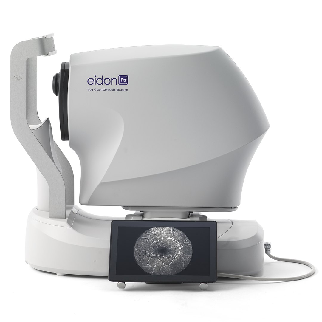 iCare EIDON Family TrueColor Confocal Wide-Field Retinal Imaging 4 ICare EIDON FA fluorescein angiography system, side view with tablet showing an angiogram