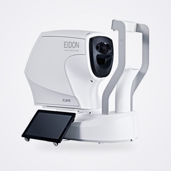 iCare EIDON confocal fundus imaging system with headrest and tablet showing a TrueColor retinal image