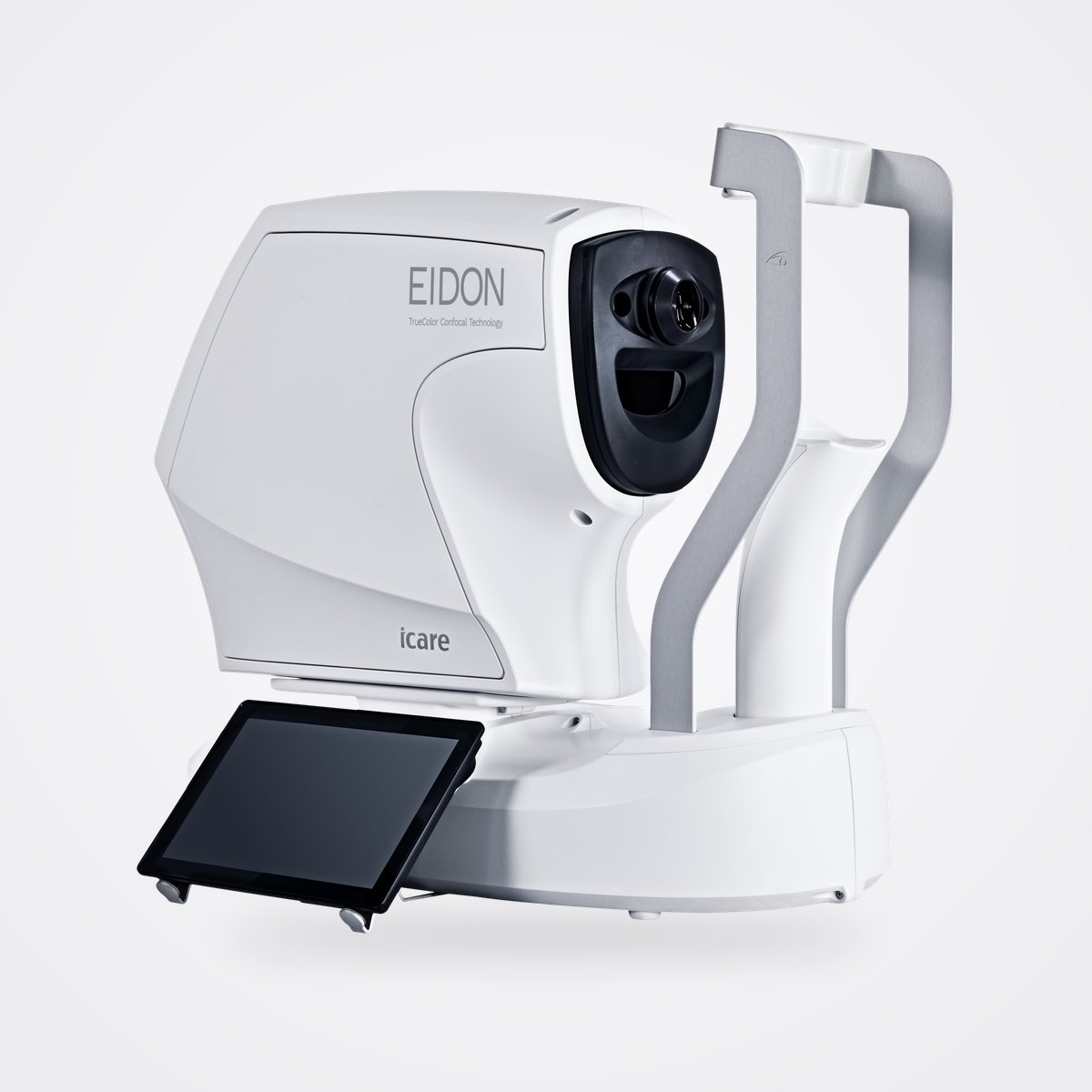 iCare EIDON Family TrueColor Confocal Wide-Field Retinal Imaging 1 ICare EIDON confocal fundus imaging system with headrest and tablet showing a TrueColor retinal image