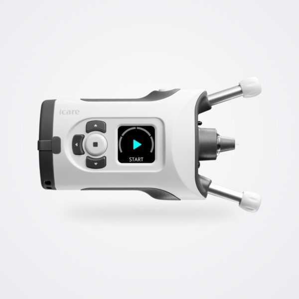 iCare HOME2 self-tonometer seen from the patient side with forehead and cheek supports, transparent background