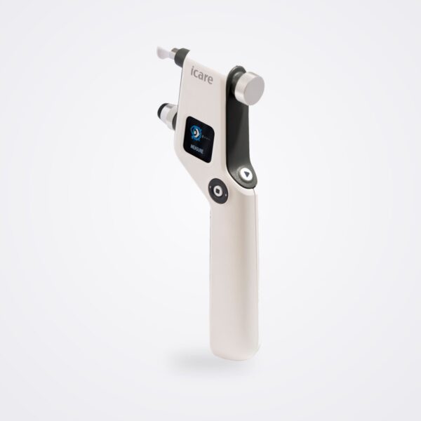 iCare IC100 handheld rebound tonometer, three-quarter side view on a white background