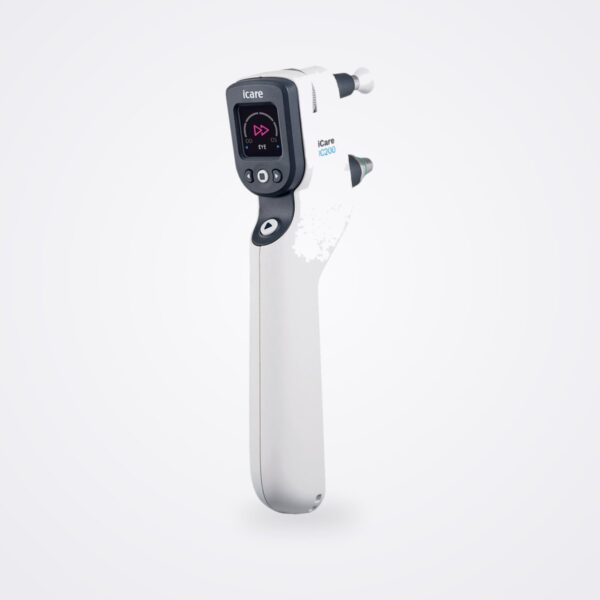 iCare IC200 handheld rebound tonometer, front three-quarter view with OLED display, on a white background