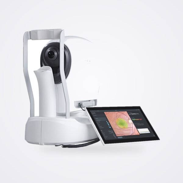 New iCare MAIA microperimeter with headrest, push-button and 15-inch touchscreen showing a sensitivity map