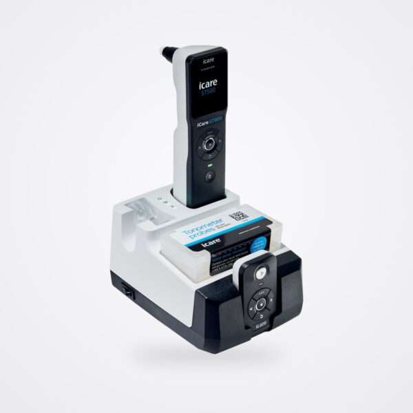 iCare ST500 slit lamp tonometer in its SmartCradle with probe box and remote control, white background