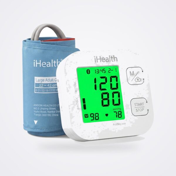 IHealth Track KN 550BT blood pressure monitor with green backlit reading and blue upper arm cuff