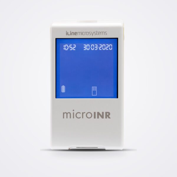 MicroINR handheld PT/INR meter with blue LCD screen, front view