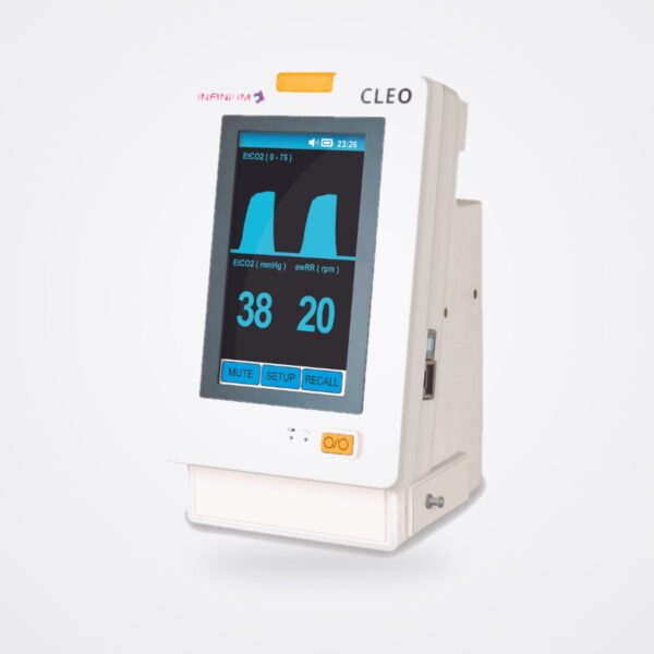 Infinium Cleo monitor in capnograph-only configuration showing EtCO2 waveform and values on its touchscreen