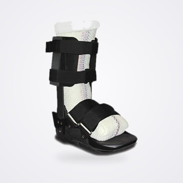 TCC-EZ white woven fibreglass total contact cast on a lower leg inside a black walking boot