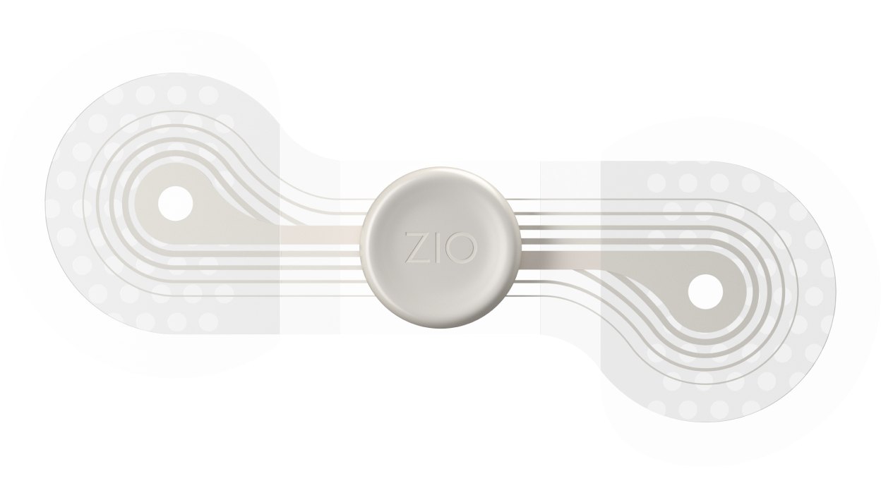 iRhythm Zio Monitor and Zio AT Long-Term Continuous ECG Monitoring 3 Top view of the Zio monitor adhesive ECG patch with central recorder