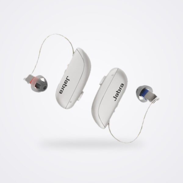 Pair of Jabra Enhance Select M3 receiver-in-ear hearing aids in Sparkling Silver
