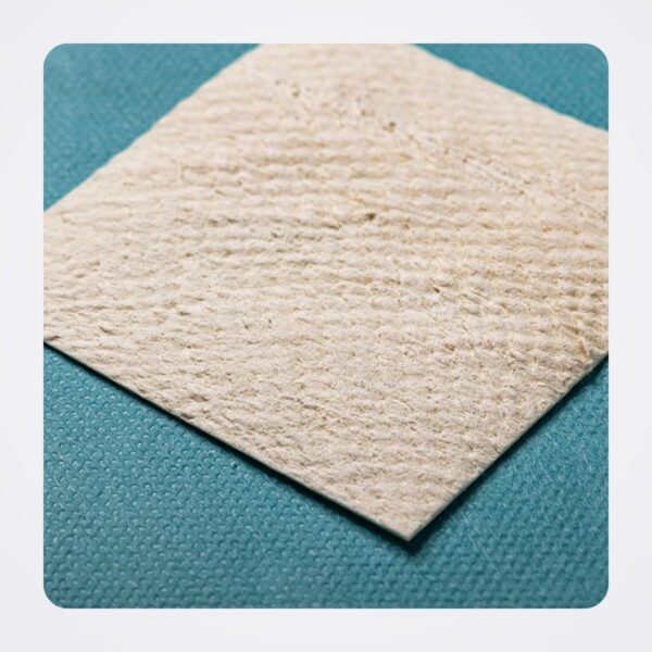 Close-up of a 7 × 7 cm Kerecis Omega3 Wound fish-skin sheet showing its textured scaly surface
