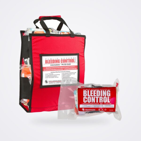 North American Rescue red bleeding control 8-pack bag with a vacuum-sealed individual kit
