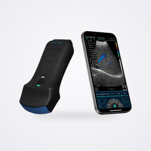 Konted C10TX black dual head wireless ultrasound scanner beside a smartphone showing a colour Doppler image