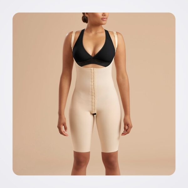 Marena SFBHS high-back short-length compression girdle in beige, front view on a model
