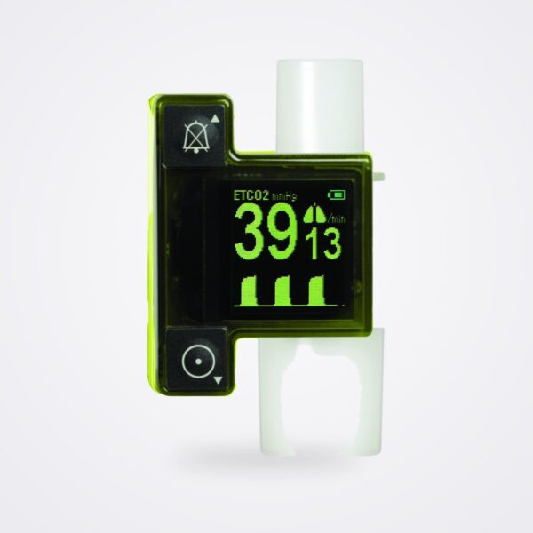 Masimo EMMA capnograph on its airway adapter showing EtCO2 39 and respiration rate 13 with waveform
