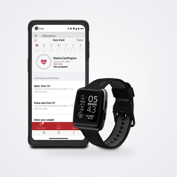 Masimo W1 watch beside a smartphone running the Masimo SafetyNet app