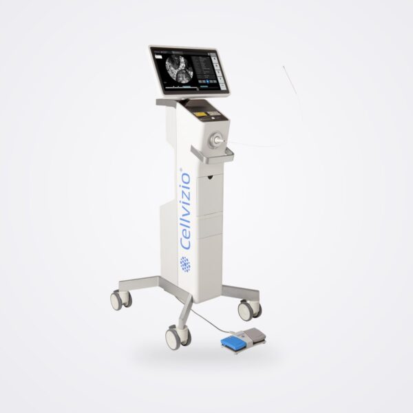 Next-generation Cellvizio system on its mobile cart with touch screen, Confocal Miniprobe and footswitch