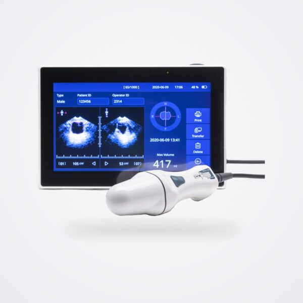 وحدة تحكّم Mcube CUBEScan BioCon-1100 بشاشة لمس تعرض صور المثانة وحجمها، مع مسبار المسح