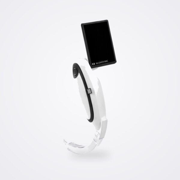 McGRATH MAC video laryngoscope handle with its screen raised and a clear single-use blade fitted