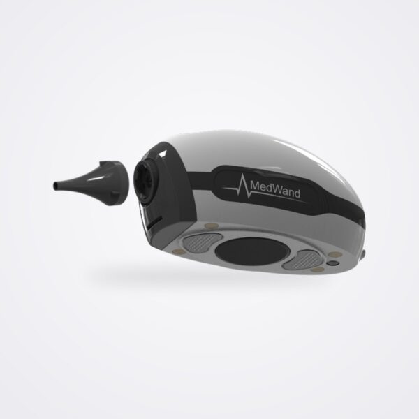 MedWand handheld multi-sensor exam device in grey and black with otoscope tip