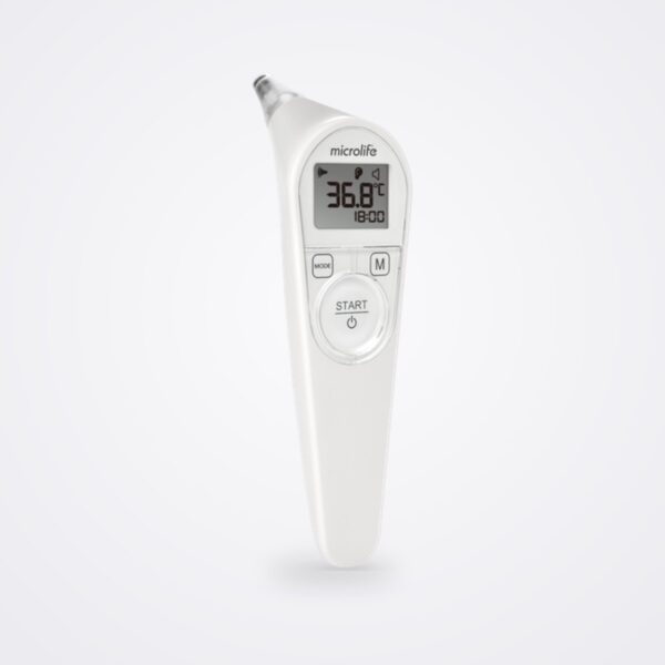 Microlife IR 210 ear thermometer, angled view showing the probe and LCD reading 36 8 °C