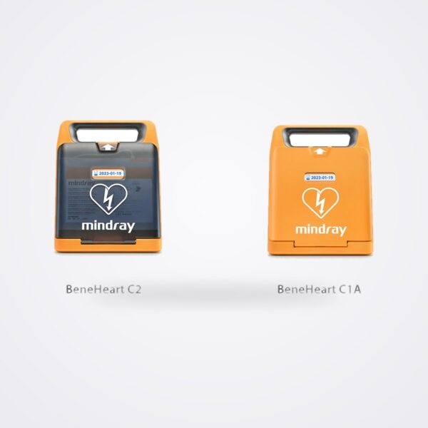 Mindray BeneHeart C2 and BeneHeart C1A AEDs side by side with lids closed