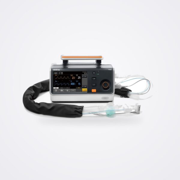 Mindray TV50 transport ventilator front view with patient breathing circuit attached