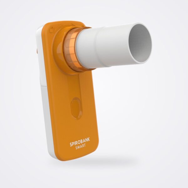 MIR Spirobank Smart orange app-based pocket spirometer with turbine and mouthpiece