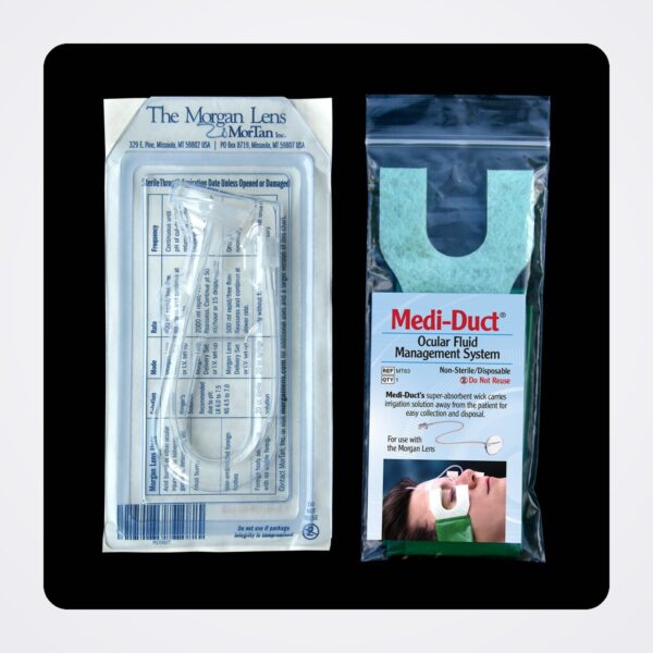 Sterile Morgan Lens pouch alongside a Medi-Duct ocular fluid management pack