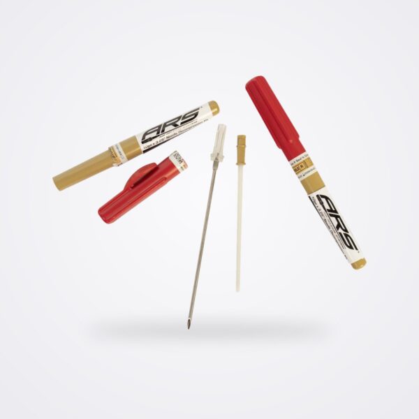 ARS 10 gauge decompression needle and catheter shown beside its open red and brown protective case
