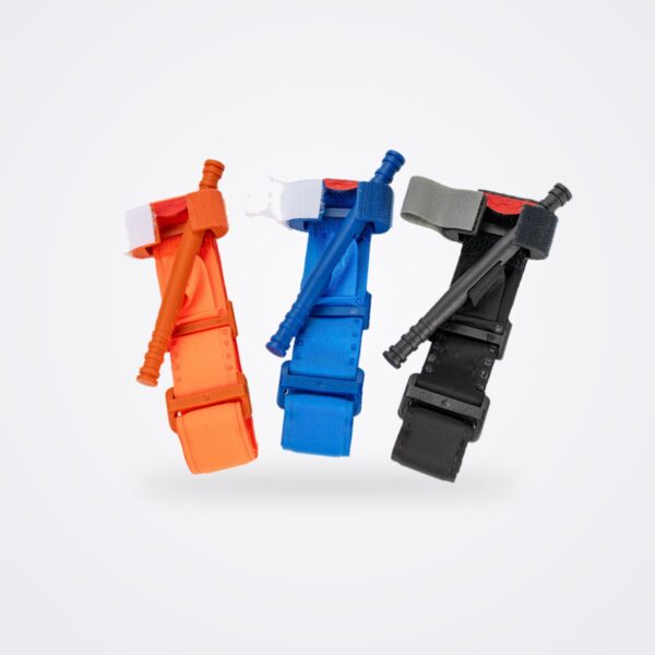 C-A-T Gen 7 tourniquets in Rescue Orange, Trainer Blue and Tactical Black, folded with windlass rods