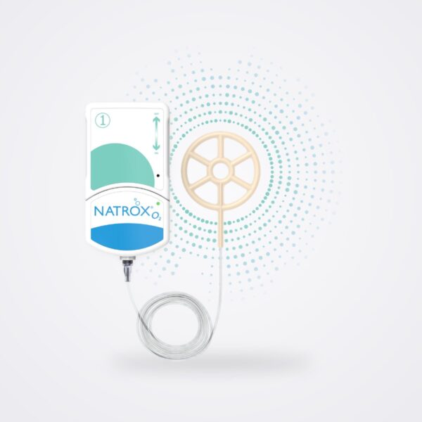 NATROX O2 oxygen generator connected by fine tubing to the wheel-shaped Oxygen Delivery System