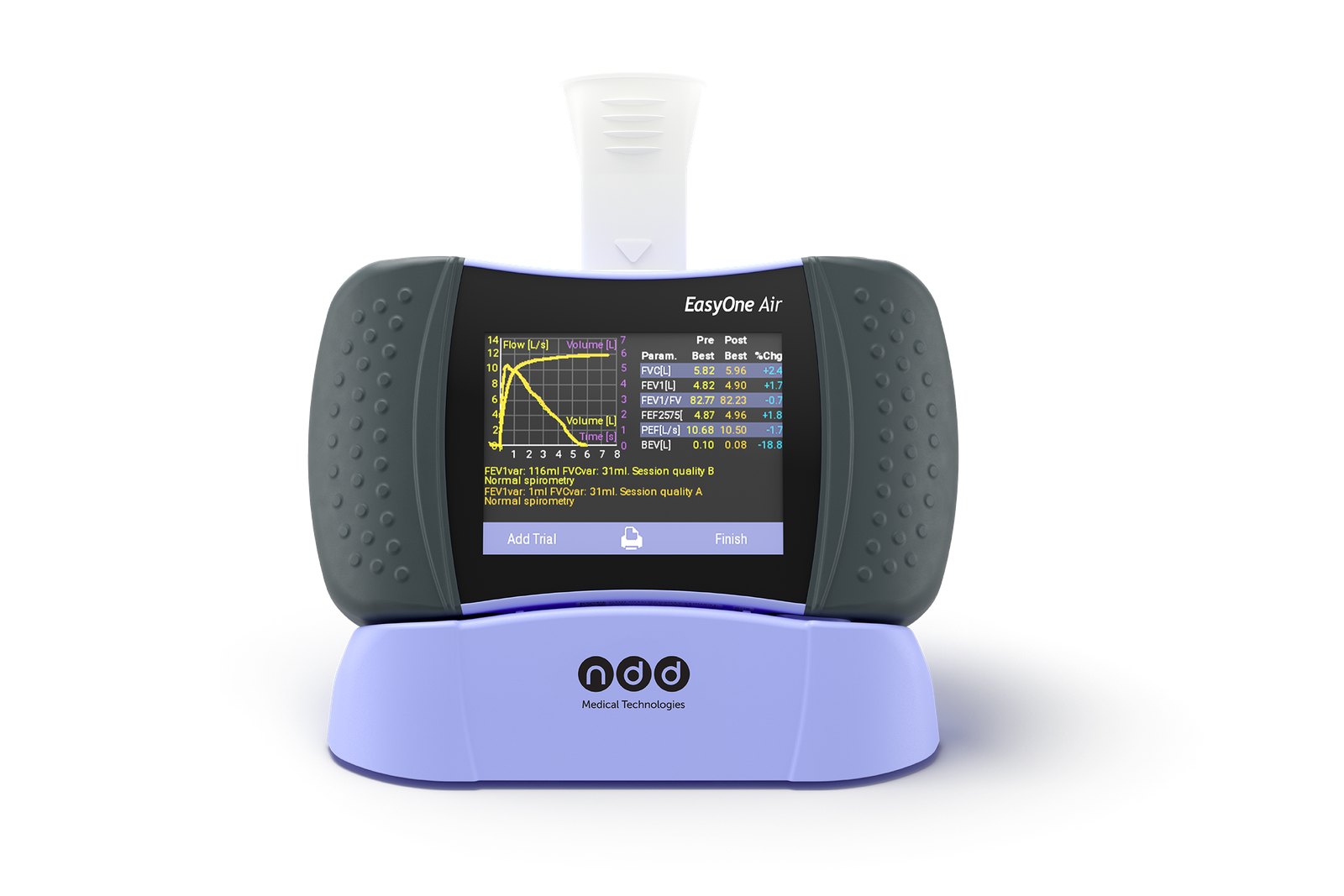 ndd EasyOne Air Portable Ultrasonic Spirometer 3 EasyOne Air spirometer in its cradle with a FlowTube mouthpiece fitted
