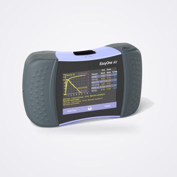 ndd EasyOne Air portable spirometer with flow-volume curve on its colour touchscreen