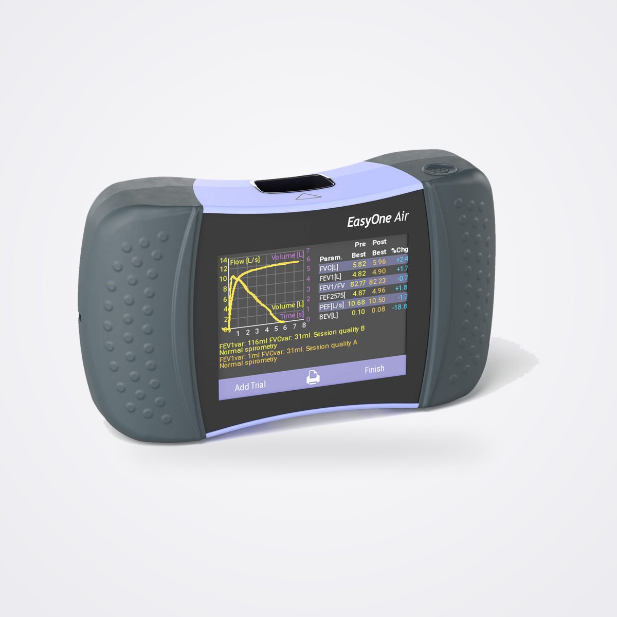 ndd EasyOne Air Portable Ultrasonic Spirometer 1 Ndd EasyOne Air portable spirometer with flow volume curve on its colour touchscreen