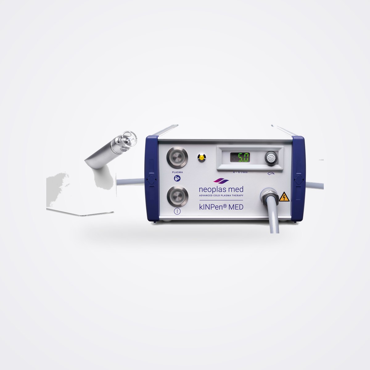 قلم البلازما الباردة بالأرغون kINPen MED من neoplas med لعلاج الجروح 1 وحدة تغذية kINPen MED من neoplas med بمؤشر تدفق الغاز، وقلم بلازما الأرغون المحمول على حامله