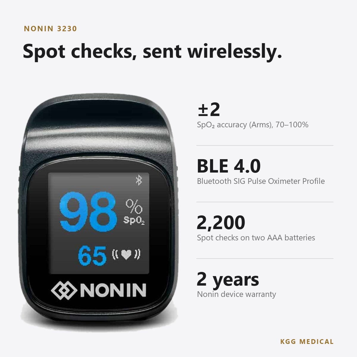 مقياس التأكسج النبضي للإصبع Nonin Model 3230 بتقنية Bluetooth 2 أبرز مواصفات Nonin 3230