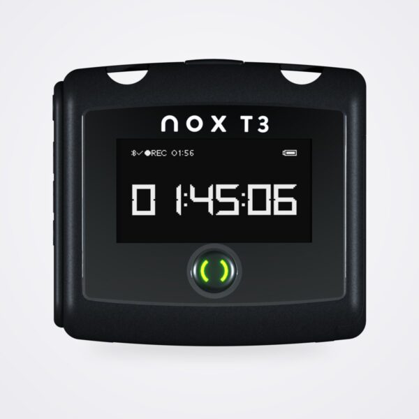 جهاز تسجيل اختبار النوم المنزلي Nox T3s من الأمام، بشاشة OLED وزر في الوسط