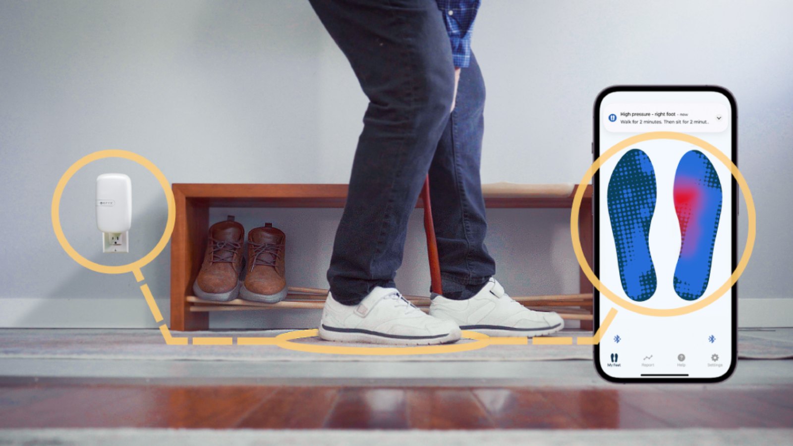 نعال Orpyx Sensory Insole System الاستشعارية لمراقبة ضغط القدم السكرية 3 نظام Orpyx في المنزل: وحدة مثبّتة على الجدار، ونعال داخل الأحذية، وتنبيه على الهاتف بارتفاع الضغط في القدم اليمنى