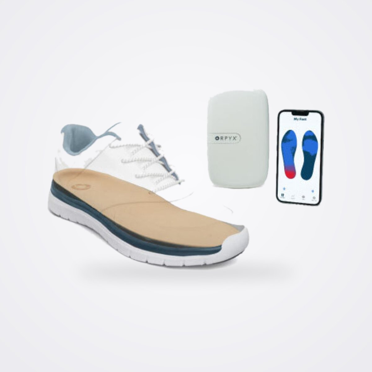 نعال Orpyx Sensory Insole System الاستشعارية لمراقبة ضغط القدم السكرية 1 نعل Orpyx الاستشعاري داخل حذاء أبيض، مع جهاز الاستقبال وخريطة ضغط القدم في التطبيق على الهاتف