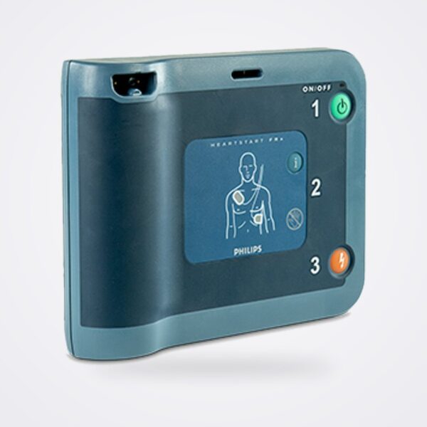 Philips HeartStart FRx AED front view with numbered On/Off, information and Shock buttons